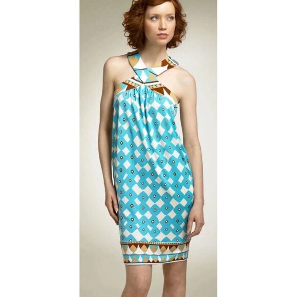 Diane Von Furstenberg Banner Dress Rhombus Blue Brown Print Silk Mini NWT Size 4 - Picture 1 of 10